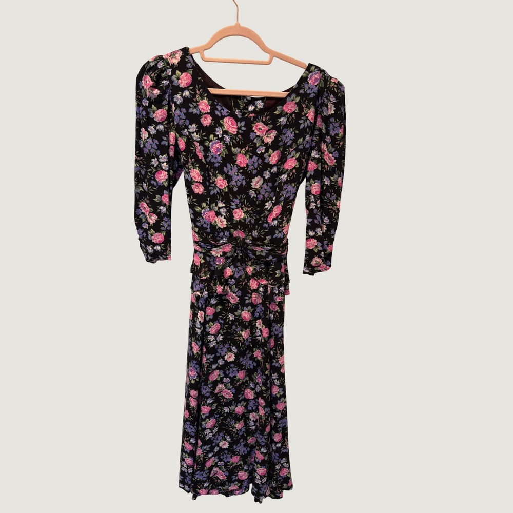 Vintage 80s Lanz Originals Floral Puff Sleeve Peplum Midi Dress